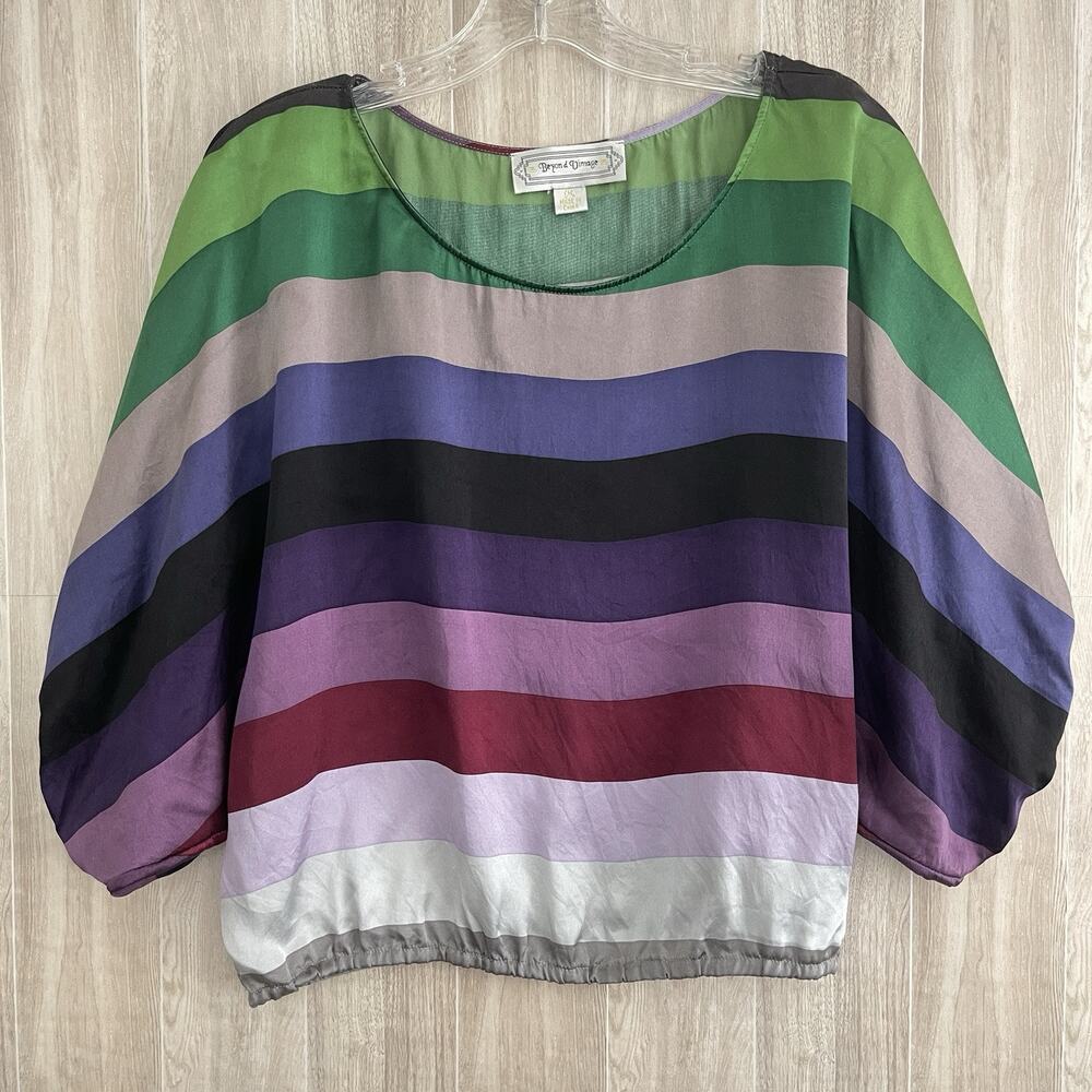 Anthropologie Beyond Vintage Silk Top Women’s Size M Striped Boho Puff Sleeve